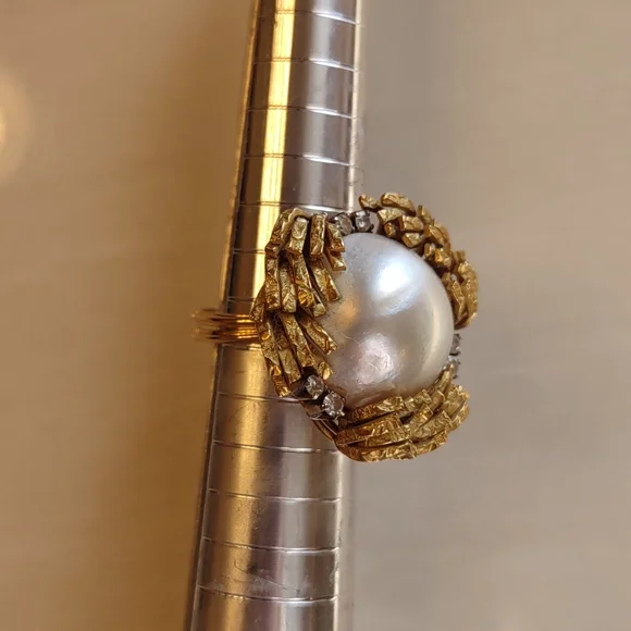 Mabe pearl 18kt Yellow Gold Ring, diamonds, estate Ring vintage - Picture 14 of 16